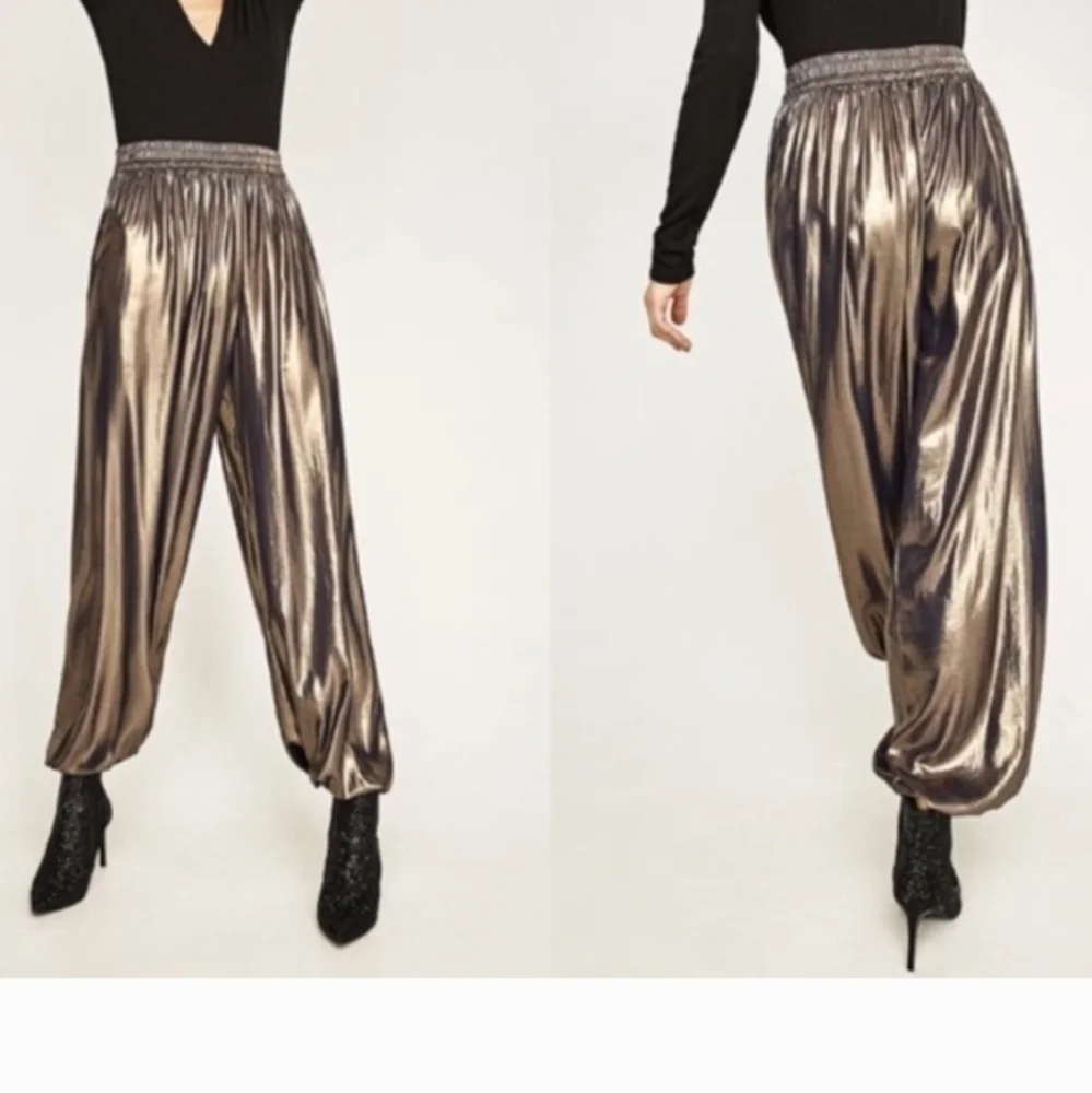 Zara Gold Metallic Lightweight Party Pants Size Small - Picture 2 of 6
